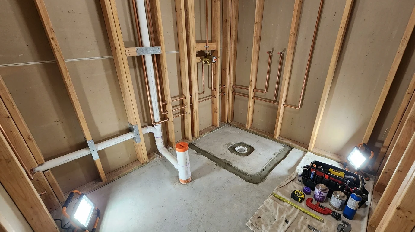 Bathroom rough-in plumbing during remodel by Johns Plumbing LLC in Zebulon