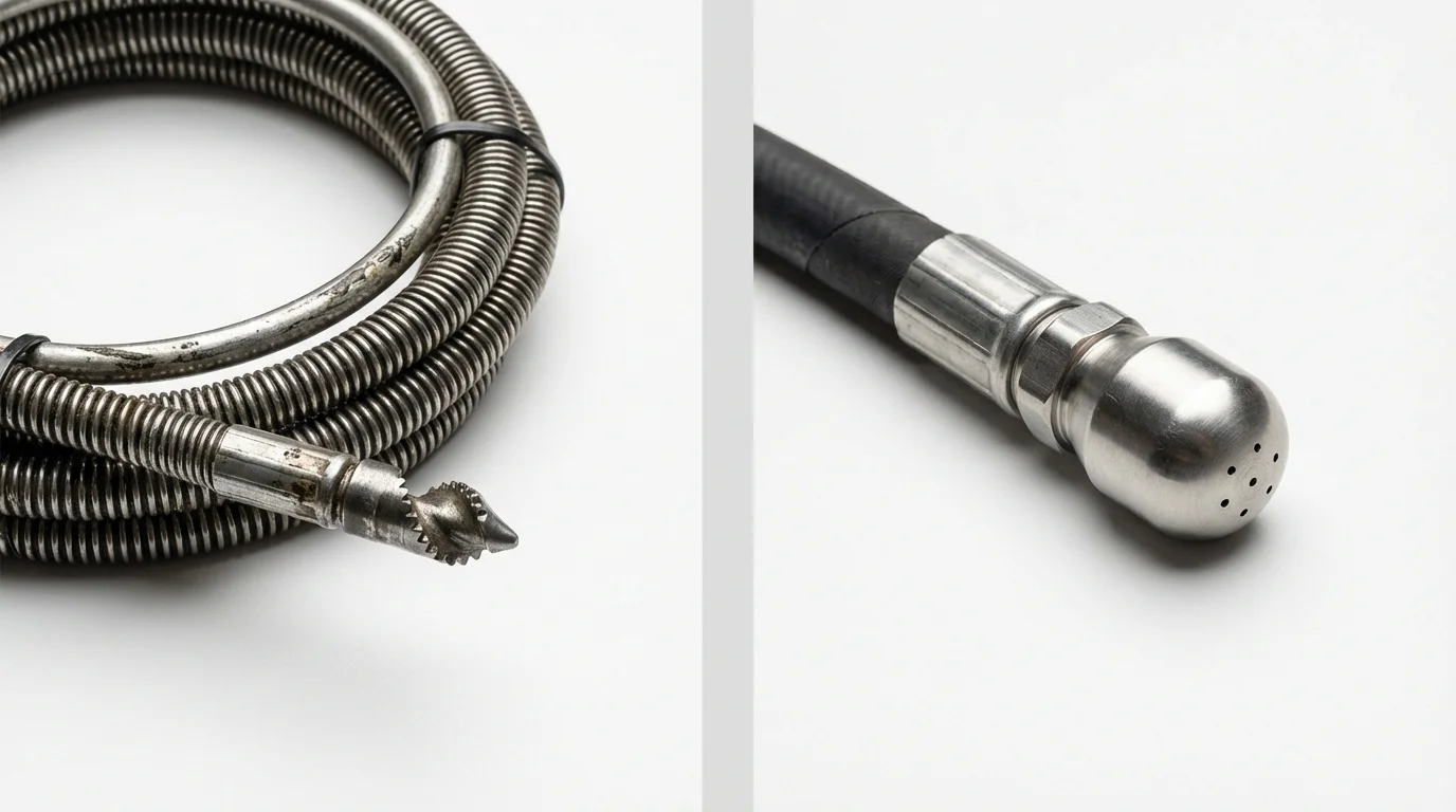 Drain snake cable and hydro jetting nozzle used for drain cleaning in Zebulon, NC
