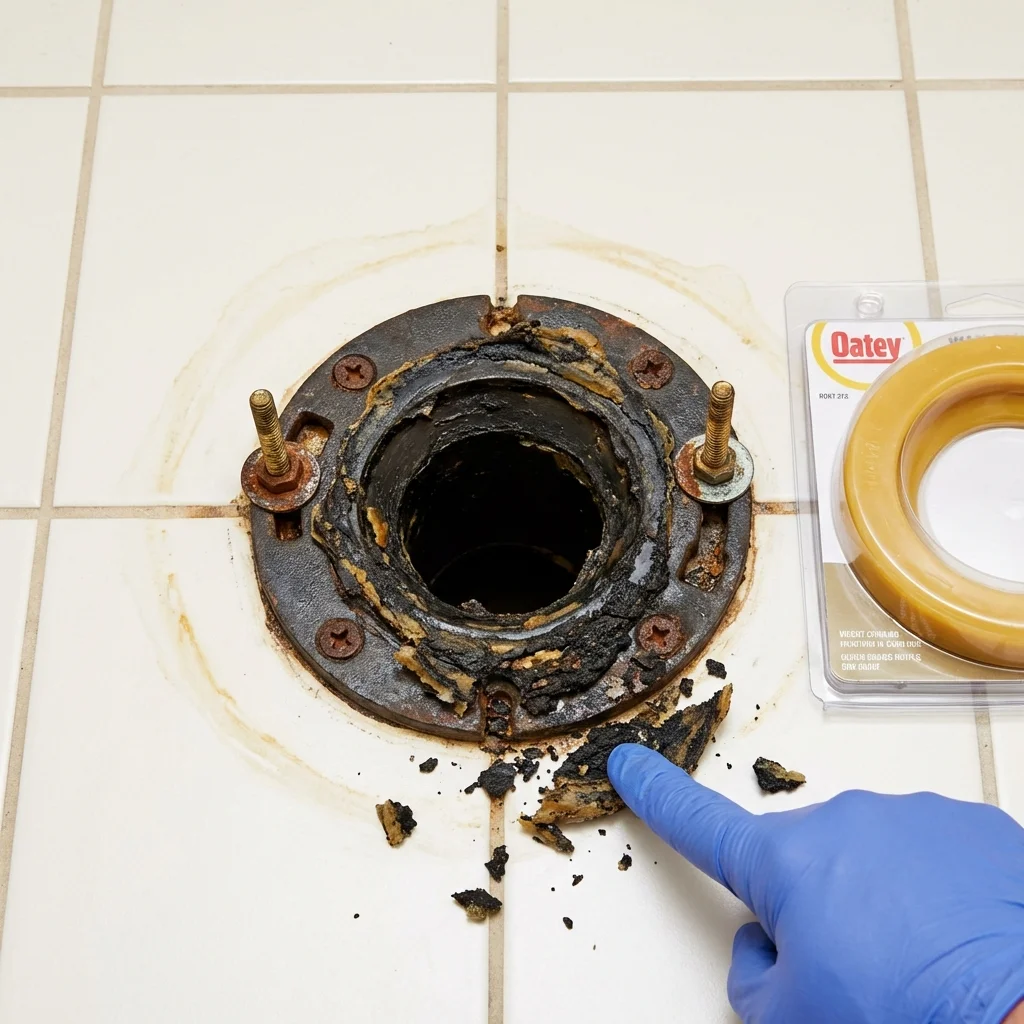 Failed wax ring showing water seepage at the base of a toilet in a Zebulon, NC home