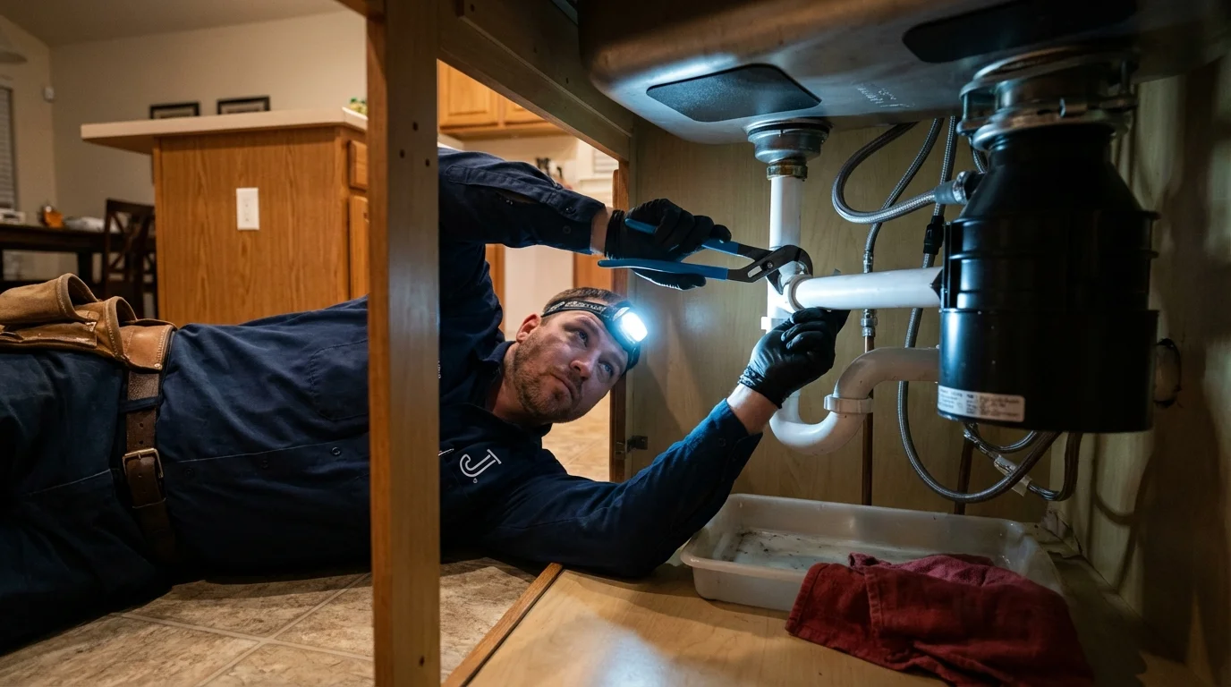 P-trap and supply line connections under a kitchen sink showing a common leak point in Zebulon, NC